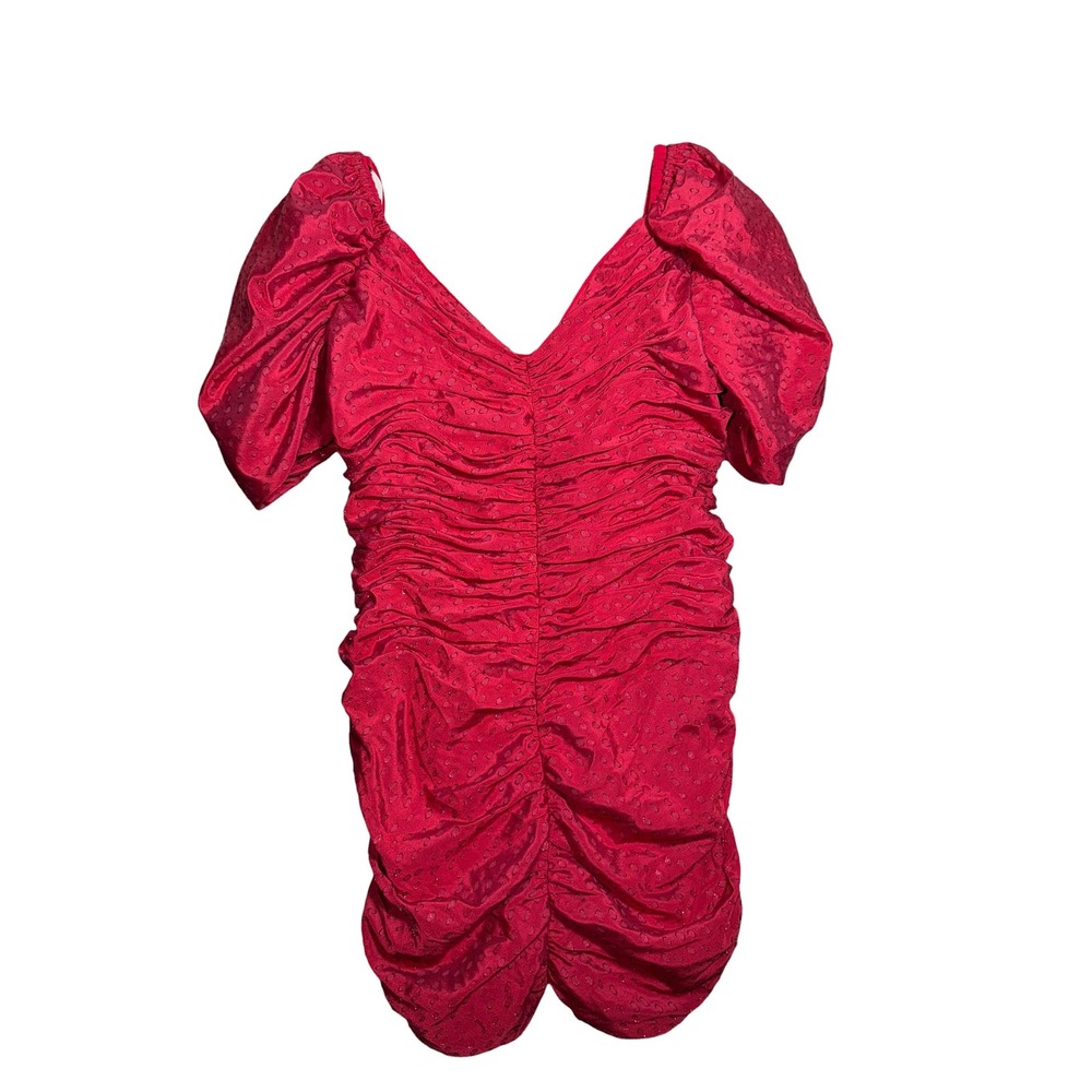 Hutch Fuschia Ruched Mini Puff Sleeve Dress Metallic 16W Hot Pink Anthropologie - Picture 3 of 6